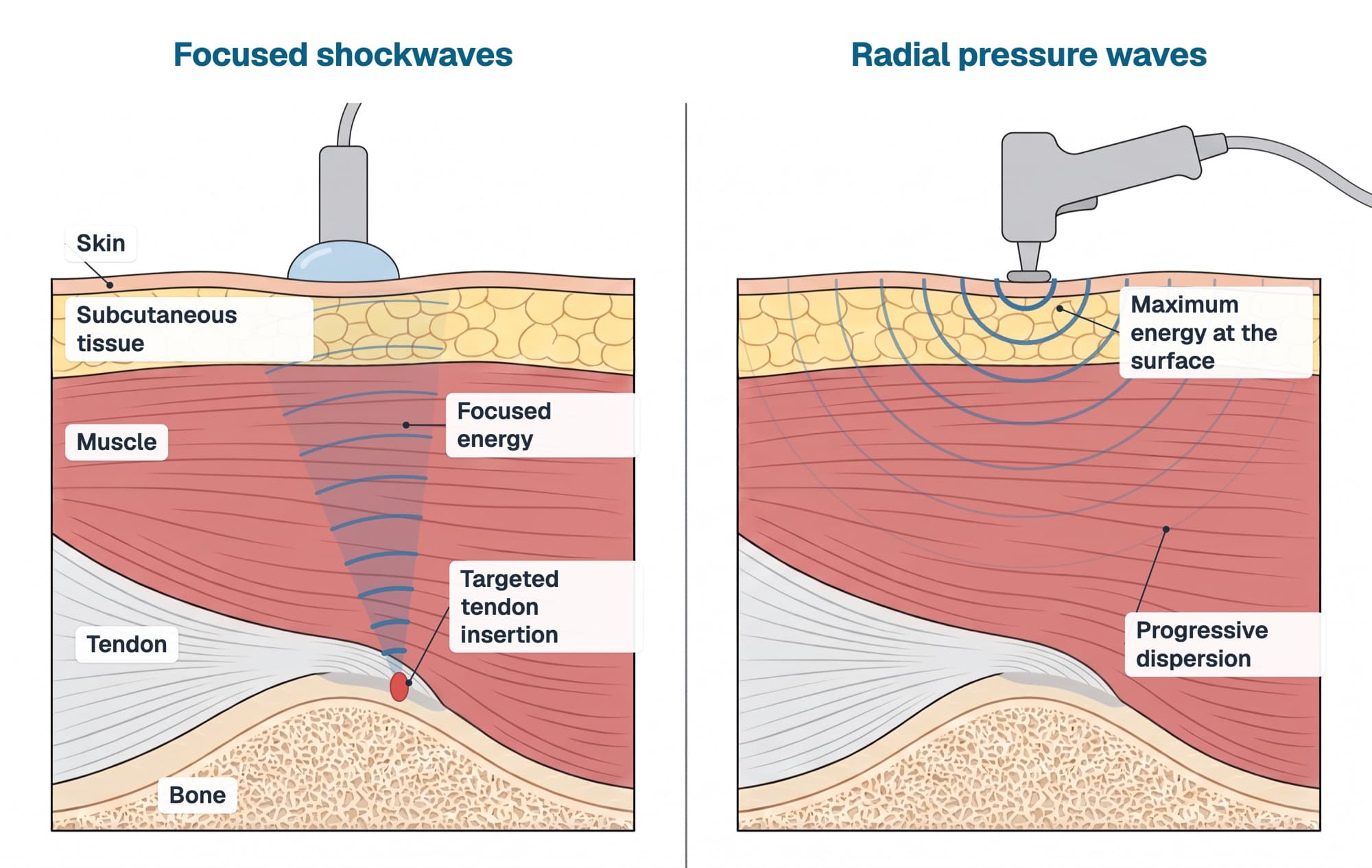 Diagram comparing focused shockwaves, whose energy converges on a deep structure, with radial pressure waves, whose energy spreads from the surface